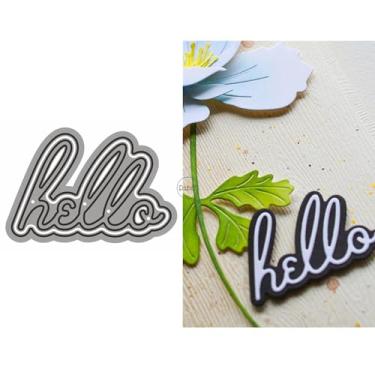 Imagem de DzIxY Conjunto de moldes de corte de metal Hello com palavras inglesas para fazer cartões, conjunto de recortes de papel, estêncil, suprimentos, modelos de máquina