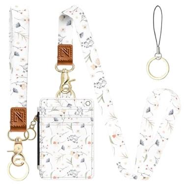 Imagem de Porta-crachá de identificação 2 em 1 de flores brancas e carteira com cordão para professores, enfermeiras, profissionais - linda bolsa de moedas com zíper, alça de pulso removível e cordão de pescoço