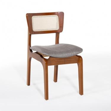 Imagem de Cadeira De Jantar Portugal Madeira Imbuia Com Encosto Tela Rattan Linho Cinza L55