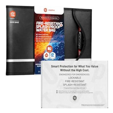 Imagem de OOPTRA Bolsa de documentos à prova de fogo (preto) – Zíper e trava à prova d'água – para casa, escritório e viagens – contém arquivos, dinheiro, passaporte, objetos de valor – resistente a fogo e água