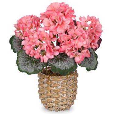 Imagem de Briful Flores artificiais de gerânio rosa em cesta de tecido, arranjo de flores de seda de 28 cm de altura, gerânios realistas, plantas artificiais ao ar livre, para casa, casa de fazenda, mesa de