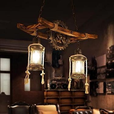 Imagem de Lustre de fazenda, luminária pendente rústica, luminária de teto vintage de madeira/metal industrial, lâmpada E27, para mesa de jantar, ilha de cozinha, bar, luminária suspensa retrô, 2 luze
