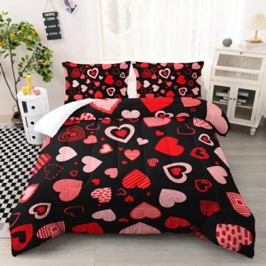 Imagem de AILONEN Conjunto de edredom tamanho casal vermelho e preto - conjunto de edredom fofo com estampa de coração de amor para casais amantes - Edredom masculino e dela com 2 fronhas - 3 peças