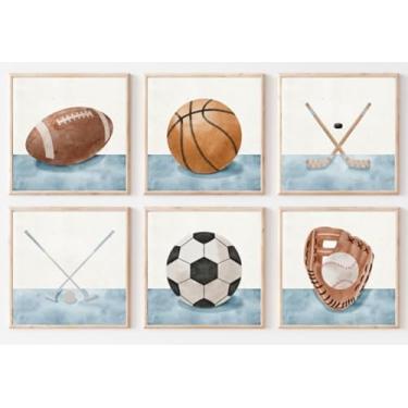 Imagem de 6 peças de arte de parede esportiva azul decoração de parede de quarto de meninos aquarela futebol beisebol futebol basquete impressões em tela pintura de bola vintage quadros esportes pôsteres para