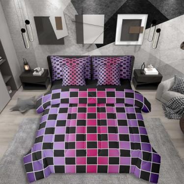 Imagem de Erosebridal Jogo de cama queen xadrez preto em uma bolsa, 7 peças, ombré, rosa choque, roxo, quadriculado estético, para crianças e adultos, jogo de cama guingão gradiente