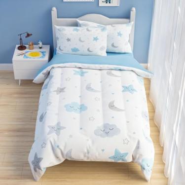Imagem de Jogo de cama de microfibra unissex com estrela e lua, 248 x 218 cm, para crianças, meninos, meninas, 4 peças, inclui 1 edredom, 2 fronhas, 1 lençol com elástico, Natal e aniversário