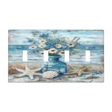 Imagem de BHGAHD Capa decorativa de placa de interruptor com vaso de concha de estrela do mar, design de pintura a óleo, 4 grupos, placa de parede artística exclusiva, quadriciclo, interruptor de luz, placa