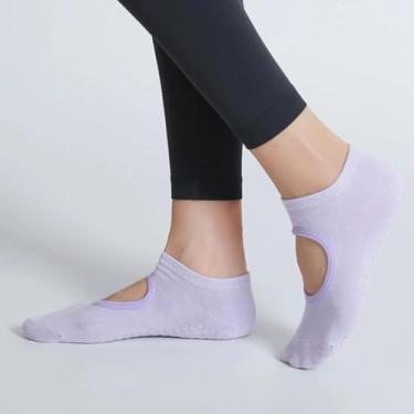 Imagem de 1 par de meias femininas com aderência de pilates e meias antiderrapantes para ioga com aderência para meias descalços e aderentes, Roxo claro, Medium