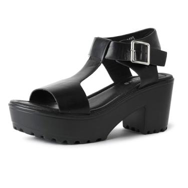 Imagem de J. Adams Sandália feminina plataforma Corby – Sandália de salto médio com tira em T, Couro vegano preto, 7