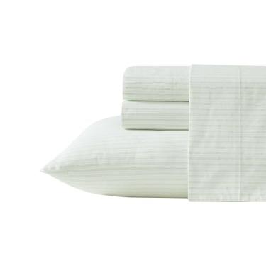 Imagem de Laura Ashley - Jogo de lençol solteiro, lençóis de cama percal de algodão nítido e legal, bolsos profundos, roupa de cama listrada com lençol e fronha combinando (Bedford Skinny Stripe Green)
