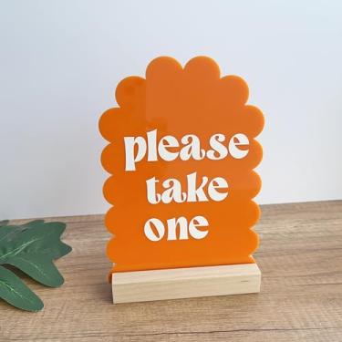 Imagem de Placa acrílica Please Take One com base de madeira, design de arco de borda recortada, 12 x 18 cm, decoração de mesa de casamento (laranja)