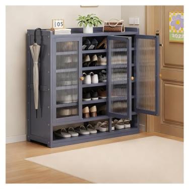 Imagem de SPXMQSS Sapateira para entrada, armário de sapatos de 7/8 níveis com portas, grande armário de armazenamento de sapatos, organizador de sapatos de bambu para 18-42 pares, sapateira independente cinza