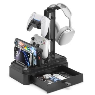Imagem de KDD Suporte de fone de ouvido com gaveta – fone de ouvido rotativo e suporte de controle removível para mesa – Organizador multifuncional com compartimento para dispositivos para telefones, tablets