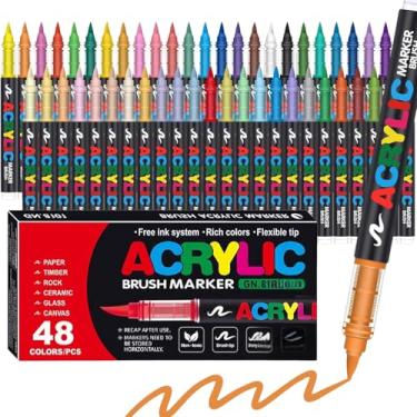 Imagem de COORIART Marcadores de tinta acrílica de 48 cores, canetas com ponta de pincel macio, controle automático de tinta, sem derramamento, conjunto de marcadores para madeira, pedra, tela, vidro, tecido