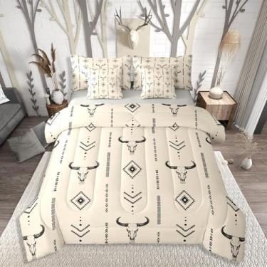 Imagem de Conjunto de edredom geométrico ocidental de 7 peças, conjunto de cama de casal com caveira de touro do sudoeste, para adolescentes e homens, conjunto de cama e lençol com estampa de vaca do sudoeste