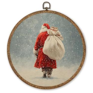 Imagem de WMSYUO Arte de parede redonda de Papai Noel, impressão em tela vintage de casa de fazenda, 25 x 25 cm, pintura clássica de Papai Noel para decoração de casa de Natal ou presente para amigos familiares