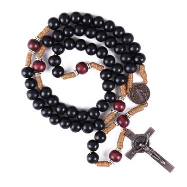 Imagem de Nazareth Store Rosário católico feito à mão de madeira maciça oliva e vermelho escuro com medalha de cobre antigo e presente de guerreiro espiritual crucifixo para homens, 20.6", Madeira, Sem Pedra