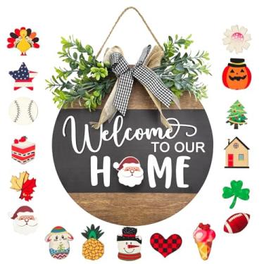 Imagem de Placa de madeira redonda sazonal intercambiável Welcome to Our Home para porta da frente, sinal de guirlandas de madeira rústica pendurada, cerca de varanda de fazenda, decorações de guirlandas de