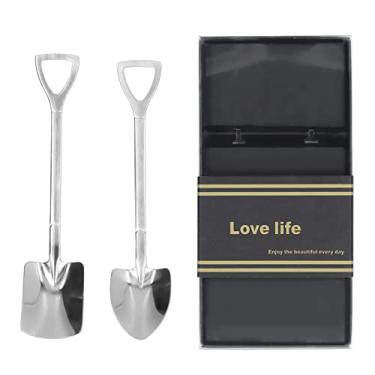 Imagem de Colheres de pá de aço inoxidável, design ergonômico, colheres de sobremesa duráveis ​​para sorvete, bolo, frutas, 2 peças, superfície brilhante (Terno prateado [caixa preta])