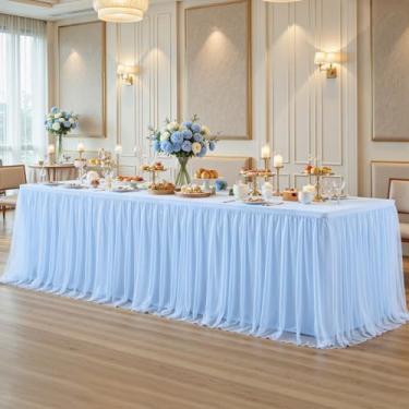 Imagem de Saia de toalha de mesa de tule azul bebê para mesas retangulares de 2,3 m, toalhas de mesa de chá de bebê, saia de tutu com babados azuis, capas de mesa elásticas para casamento, festa de aniversário