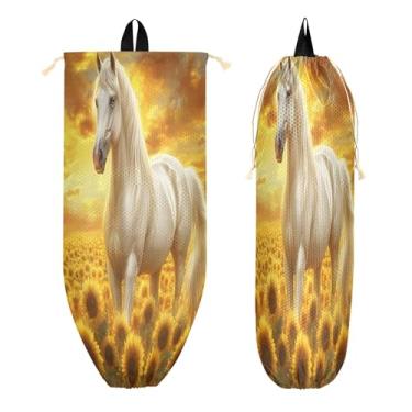 Imagem de xigua Suporte de cavalo no campo de girassol suporte de saco plástico suporte de parede com cordão 1 pacote, organizador de sacolas de compras reutilizável decoração para bolsas, meias, roupas íntimas