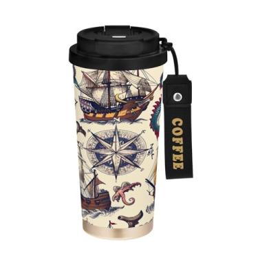 Imagem de STAYTOP Copo de café de aço inoxidável de 500 ml, caneca de café de viagem retrô cômica isolada com tampa, copo de café à prova de derramamento, copos portáteis reutilizáveis para bebidas quentes e