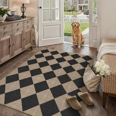 Imagem de PureCozy Tapete quadriculado de juta fácil de 10 x 15 cm para sala de estar, tábua de damas, lavável, interior, exterior, quintal, escritório, texturizado, diamante, antiderrapante, tapete preto para