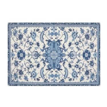 Imagem de Burbuja Tapete de banho vintage floral azul, tapete de banheiro absorvente extra macio com suporte antiderrapante para banheiro, banheira, chuveiro, 41 x 61 cm