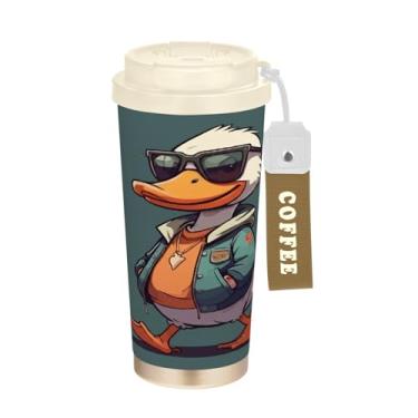 Imagem de STAYTOP Caneca de café de viagem com isolamento térmico de pato de desenho fofo de 482 g, copo de café reutilizável de aço inoxidável com tampa flip à prova de vazamento à prova de vazamento para
