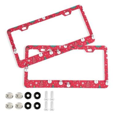Imagem de Wassud Moldura decorativa de alumínio para placa de carro de árvores de Natal e bonecos de neve, 2 unidades, suporte universal para placa de carro para carros padrão dos EUA
