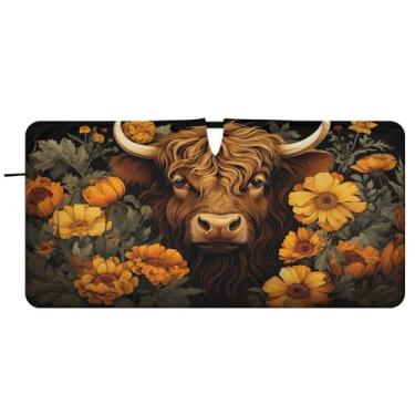 Imagem de CEBUGI Para-brisa de carro dobrável Sombra de sol highland gado amarelo flor janela de carro guarda-chuva pára-brisa dianteiro para-sol para acessórios de carro legal carro refletor protetor solar, M