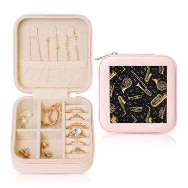 Imagem de Caixa de joias quadrada com impressão de instrumentos musicais, estojo de armazenamento portátil para anéis femininos, brincos, colares