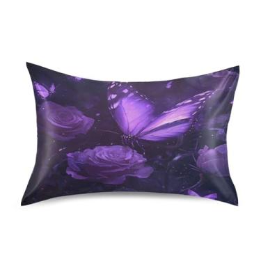 Imagem de Fronha de almofada de seda para pele e cabelo, extra macia, resistente a rugas e desbotamento com fecho de envelope (tamanho padrão, 76 x 50 cm) | Borboleta rosa roxa