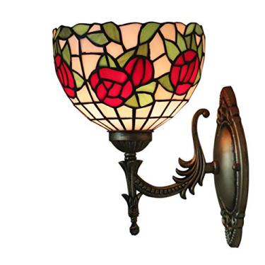Imagem de Arandela de parede vintage de 20 cm em estilo Tiffany com rosas, feita à mão em vitral floral, ideal para cabeceira, quarto, sala de estar e corredor, potência máxima de 40W.