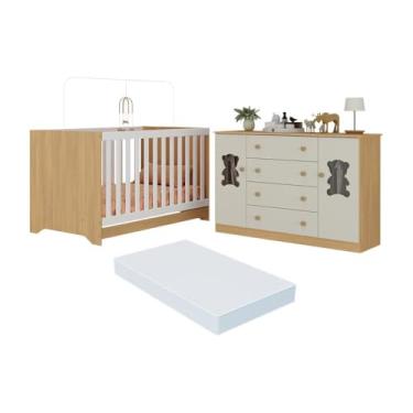 Imagem de Berço Americano 3 em 1 com Colchão Incluso e Cômoda 2 Portas 4 Gavetas Teddy Multimóveis Mp4735 Madeirado/off White