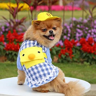 Imagem de Camiseta para Cachorro Camisetas de Xadrez Pet Roupas Verão Mochila com Chapéu Desenho Animado Pato Filhotes