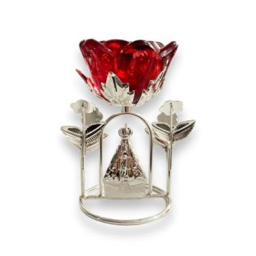 Imagem de Porta Vela Castiçal com Flor de Vidro e Base de Metal, Inclui Mini Vela(Vermelho)