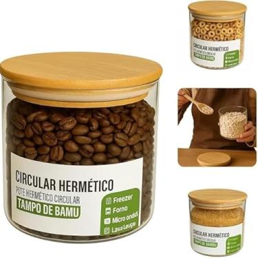 Imagem de Pote de Vidro Hermético com Tampa de Bambu, 500ml, Circular, Borossilicato, 10cm Diâmetro x 8,5cm Altura, Multiuso