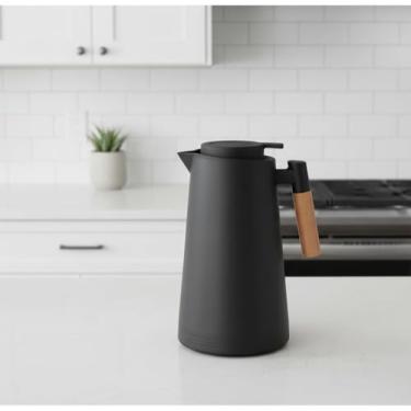 Imagem de Garrafa Térmica Bule 1 Litro Parede Dupla com Ampola de Vidro e Alça de Madeira Preta