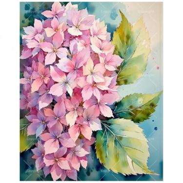 Imagem de Kit de pintura de hortênsia rosa por números para adultos - Pintura de buquê floral DIY em tela, conjunto de tinta acrílica, adequado para iniciantes, arte para decoração de casa ou presentes (moldura