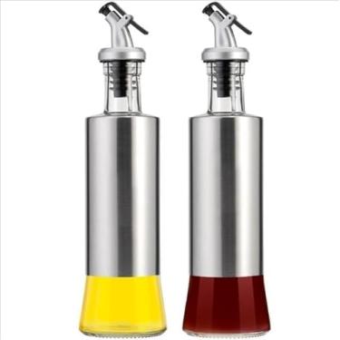 Imagem de Galheteiro de Vidro e Aço Inox, Porta Azeite e Vinagre com Bico Dosador, 300ml, Design Elegante para Cozinha