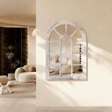 Imagem de Espelho de arco branco, espelho montado na parede, moldura de madeira, arte moderna, espelhos decorativos para sala de estar, quarto e entrada, decoração de casa 45 x 66 cm