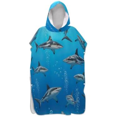 Imagem de Joisal Poncho de surfe trocador de roupão para banho de praia Adul toalhas com capuz absorvente masculino poncho com capuz tubarões debaixo d'água