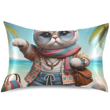 Imagem de Travesseiro de cetim fofo gato engraçado travesseiro refrescante travesseiro padrão king queen presentes decoração de cama, tamanho padrão, 66 cm x 50 cm