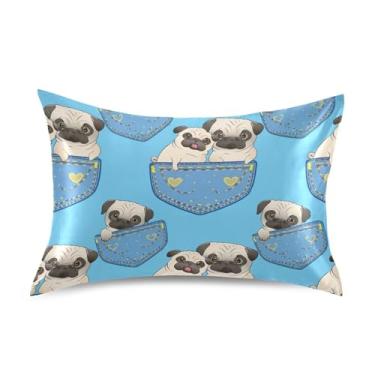 Imagem de Fronhas de cetim fofo padrão king queen fronha de travesseiro macio refrescante tamanho padrão 66 cm x 50 cm fofo desenho animado pugs azul