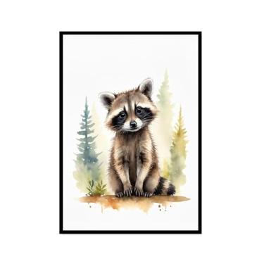 Imagem de Arte de parede de berçário botânico fofo safári floresta nebulosa urso coelho raposa lobo guaxinim cervo girafa zebra tigre aquarela decoração de quarto infantil (SKU5,16x60 cm), moldura preta para