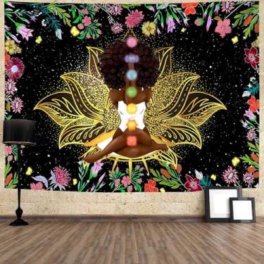 Imagem de Ine Ive Tapeçaria de chacra africano mulher afro-americana pôster de meditação zen céu estrelado flor jardim inspirador Afro Yoga arte de parede tapeçaria para decoração de quarto dormitório (152 x