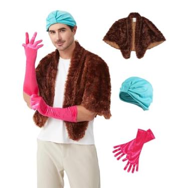Imagem de Takuvan 3 peças de fantasia de Natal Clark Attic Outfit chapéu turbante verde envoltório de pele sintética e luvas rosa para adultos festa cosplay