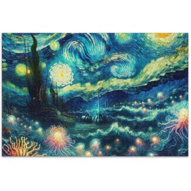 Imagem de Noite estrelada subaquática azul adulto quebra-cabeça 500 peças família elefante branco presentes paisagem quebra-cabeça família brinquedo artístico 50,5 x 14,9 polegadas