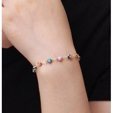 Imagem de Pulseiras de olho turco para mulheres, joias de olho turco, pulseira Ojo Hamsa, pulseiras delicadas de elos dourados para mulheres, joias turcas da sorte, presentes, Medium, Latão, Sem Pedra Preciosa